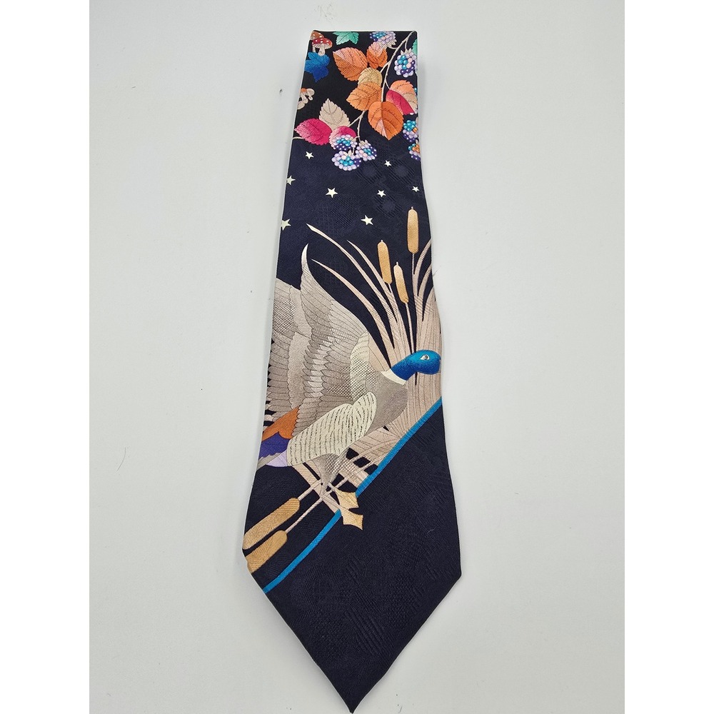 Leonard Paris Silk Tie Mens Navy Blue Mallard Duck Wildlife France N70815